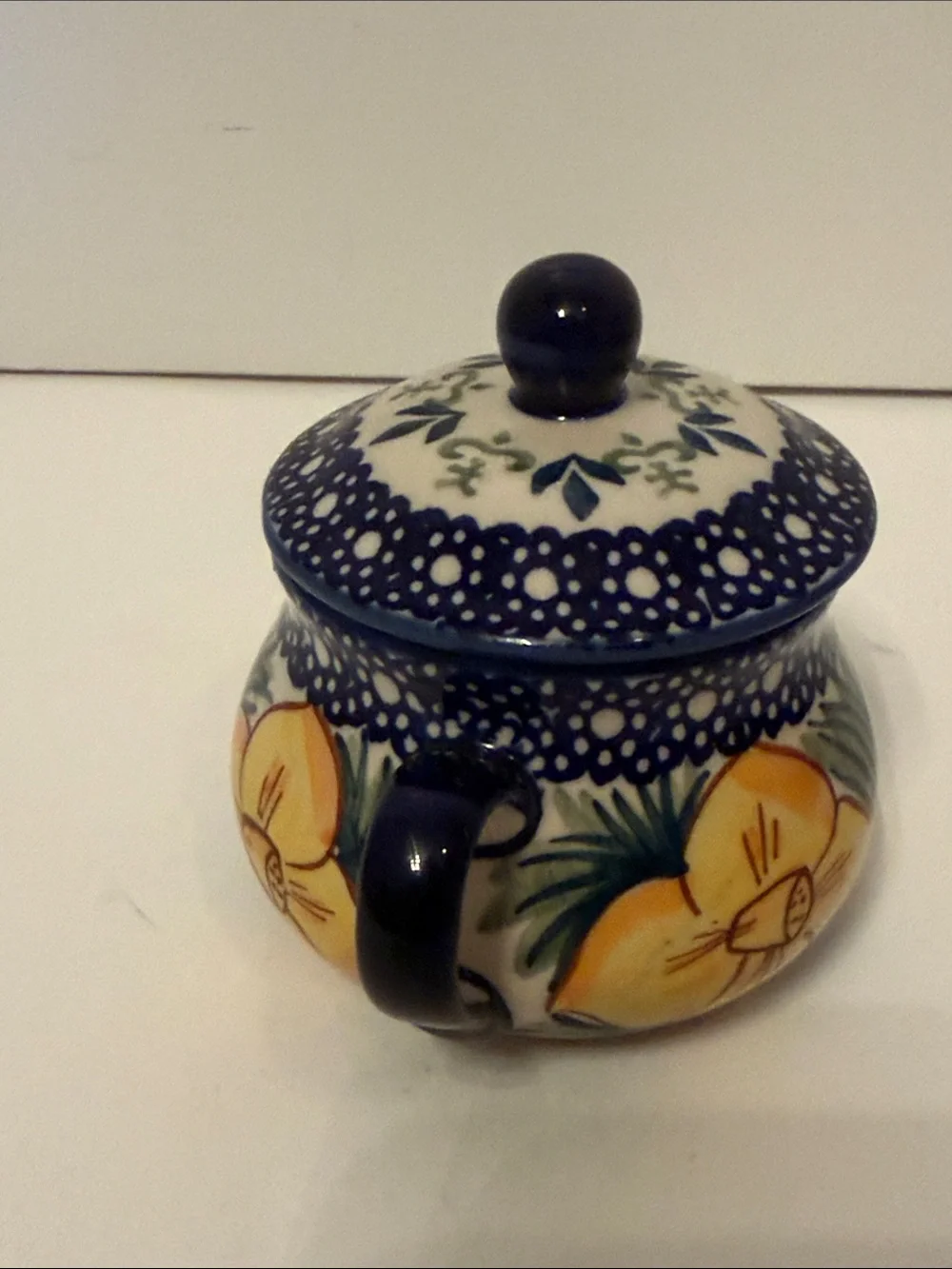 POLISH POTTERY SET SUGAR LID CREAMER TRAY BLUE WHITE GREEN HANDMADE BOLESLAWIEC